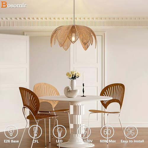 Hand Woven Rattan Chandelier, Boho Pendant Light 19.68 inches Wicker Light Fixture Suitable for Dining Room, Kitchen, Living Room, Farmhouse,E26 Lamp Base - size: 19.68''