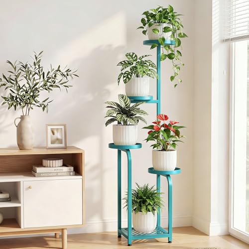 TOSKING 5 Tier Tall Plant Stand Indoor Outdoor,Anti-Tip Plant Stand indoor, Wide Base for Pots, Child and Pet Friendly,Heavy Duty Corner Shelf for Plants & Decor, Space Saving ,Tiered Metal Flower Pot Stand for Balcony, Garden, Living Room, Patio (Blue, 4