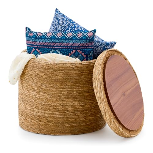 Wimarsbon 18'' Ottoman Pouf, Natural Braided Poof, Rustic Handweave Lounge Pouffe, Boho Footrest Stool for Bedroom, Accent Table for Living Room (Storage - 18inch Natural Cattail L) - color: Storage - 18inch Natural Cattail L