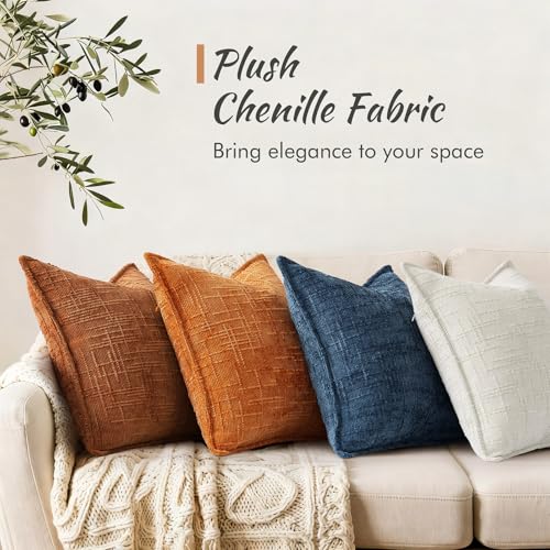 decorUhome Chenille Fall Throw Pillow Covers 16X16 Set of 2, Soft Textured Slubby Modern Decorative Pillow Covers with Elegant Design for Couch, Sofa, Living Room, Burnt Orange - color: Burnt Orange, size: 16" x 16" (Pack of 2)