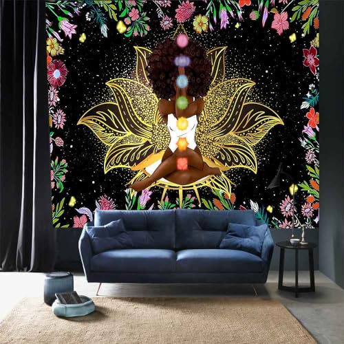 Ine Ive African Chakra Tapestry African American Woman Zen Meditation Tapestries100x90 Inch Starry Sky Flower Garden Inspirational Afro Yoga Wall Art for Bedroom Dorm Decor - size: 100"L x 90"W