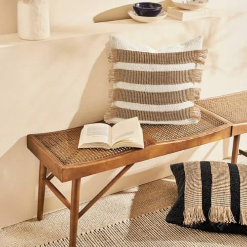 MOCOFO Handwoven Jute Cotton Striped Pillow Covers, Wabi Sabi Boho Farmhouse Decorative Throw Cushion Cover with Fringe(Cover Only) (White/Natural, 20x20) - color: White/Natural, size: 20" x 20" (Pack of 1)