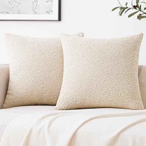Mixhug Decorative Boucle Throw Pillow Covers, Beige, 20 x 20 Inches, Pack of 2 - Neutral Textured Boho Pillow Covers for Couch and Bed - color: Beige, size: 20" x 20" (Pack of 2)
