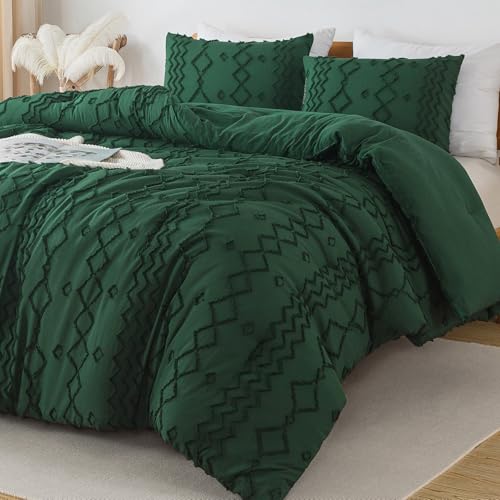 Andency Twin Size Comforter Emerald Green, 2 Pieces (1 Boho Comforter, 1 Pillowcase) Dark Green Tufted Geometric Shabby Chic Bedding, Soft Fluffy Jacquard Farmhouse Bed Set for All Season - color: 02 - Emerald, size: Twin (66"x90")