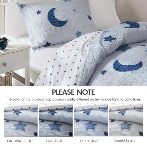 Intelligent Design Kids Cosmos Twin Size Duvet Set – Blue Star and Moon Tufted Chenille, Reversible 2-Piece Bedding with Star Pillow - color: Blue, size: Twin