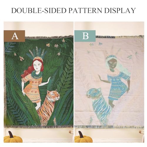LumiSyne Double-Sided Cotton Woven Throw Blanket with Tassel Jungle Bohemian Style Tapestry Shawl Multi-Function Decorative Throws for Sofa Bed Armchair Camping Blanket Tablecloth Carpet 160x130cm - color: Searching for Traces Through the Jungle