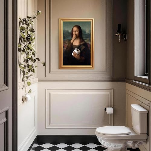 ICHZUMW Gold Framed Funny Mona Lisa Toilet Paper Canvas Wall Art, Quirky Humorous Parody Painting Wall Decor, Ready to Hang for Bathroom Restroom Powder Room, 16x24in - color: Funny Mona Lisa, size: 24"L x 16"W