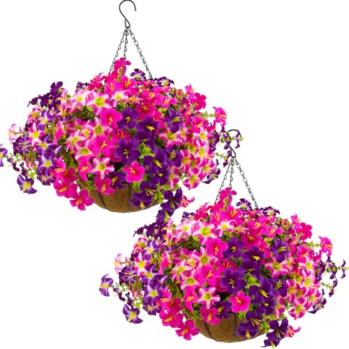 2 Set Artificial Outdoor Petunias Flowers with Hanging Baskets, 24 Pcs UV Resistant Faux Petunias Flowers with Hanging Planter for Front Door Porch Spring Outside Decor (2, RoseRed,RedViolet) - color: Rosered,redviolet