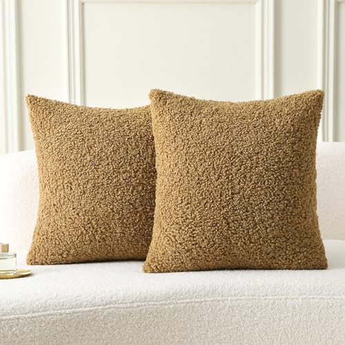 FUTEI Khaki Throw Pillow Covers 16x16 Inch Set of 2,Furry Faux Fur Teddy Boucle Textured Cushion Covers,Soft Fluffy Decorative Pillow Case,Home Decor for Couch Bed Living Room Office Car - color: Khaki, size: 16" x 16" (Pack of 2)