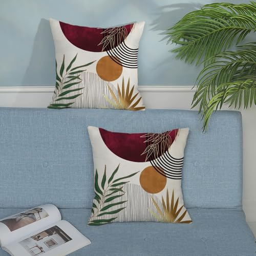 Boho Pillow Covers 16x16 Set of 2 Mid Century Burgundy Red Green Gold Sunset Throw Pillow Covers Outdoor Decor Abstract Bohemian Tropical Leaf Pillowcase Decorative Cushion Case for Home Sofa - color: Mid-century-burgundy Red, size: 16" x 16" (Pack of 2)