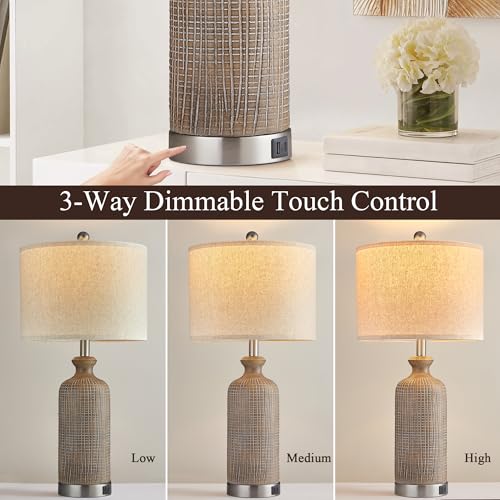 Living Room Lamps Set of 2, 27" Touch Lamps for Nightstand with USB A+C Ports, Modern Farmhouse Table Lamps for Bedroom, Wood Grain, Ceramic - color: Wood Grain