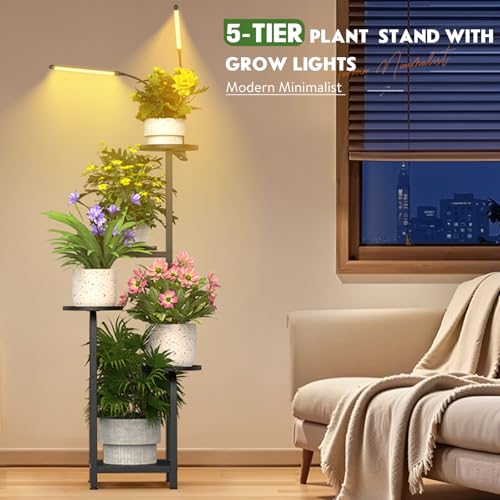 TOSKING 47" Tall 5-Tier Square Iron Plant Stand with Detachable Grow Light ,Heavy Duty Corner Flower Shelf for Indoor Use, Metal Pot Rack for Living Room, Bedroom, Office, Black - color: Black, size: Grow Light