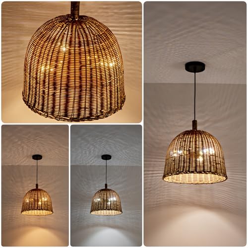 17" Farmhouse Rattan Chandelier 3-Lights Hand Woven Wicker Dining Room Light Coastal Boho Bamboo Pendant Hanging Lighting Fixture for Living Room Bedroom Restaurant Foyer Kitchen Island - color: Coffee-17 IN