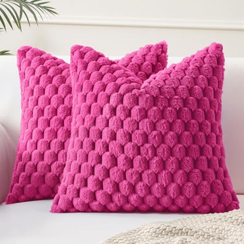 MIULEE Hot Pink Faux Fur Decorative Throw Pillow Covers 16x16 Inch Set of 2 Super Soft Cozy Plush Cushion Cases Luxury Fluffy Pillowcases for Sofa Couch Bed Living Room - color: Hot Pink, size: 16" x 16" (Pack of 2)