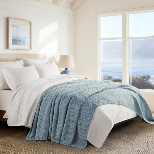 EVERGRACEHOME Chunky Polyester Knit Throw Blanket for Couch, Soft Luxurious Oversized King Moss Stitch Blanket for Bed, Large Cozy Farmhouse Knitted Throw for Sofa, Chambray Blue, 108" x 92" - color: Chambray Blue, size: 108" X 92"