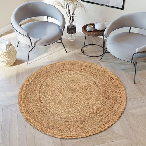 Hand Woven Jute Area Rug - 4' Round - Rustic Beige Reversible Farmhouse Rugs for Living Room, Bedroom, Kitchen - Vintage Natural Braided Entry Floor Décor Circle Boho Round Rug 4ft - color: Natural 1, size: 4' (Round)