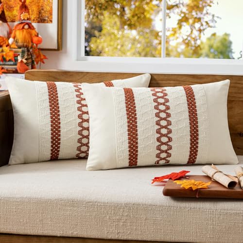 MIULEE Set of 2 Burnt Orange Decorative Lumbar Pillow Covers 12x20 Inch Farmhouse Rustic Boho Couch Throw Pillows Modern Cushion Covers Retro Cute Macrame Woven Home Decor for Bed Sofa Chair - color: Burnt Orange, size: 20" x 12" (Pack of 2)