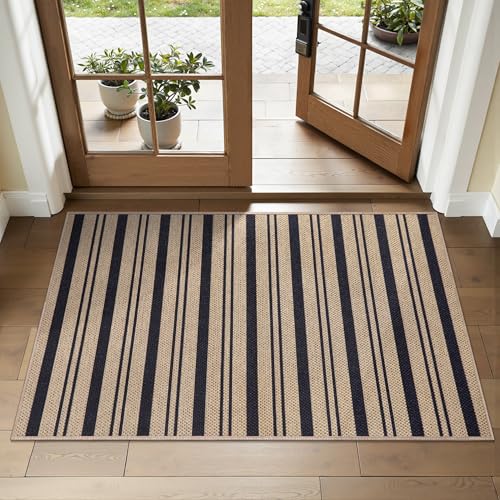 Tangsoo Stripe Easy Jute Rug,Ultra Thin 2x3 Outdoor Rug for Entryway,Non-Slip Washable Small Rug Modern Front Door Mat Throw Carpet for Kitchen Bedroom Porch Doorway - color: Black Stripe-1, size: 2x3ft
