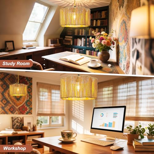 Hanging Lights with Plug in Cord Rattan Hanging Lamp Boho Ceiling Light Fixtures Farmhouse Pendant Lamp Shape for Living Room Bedroom Kitchen - size: 12.6 Inch-Flower Barrel Shade