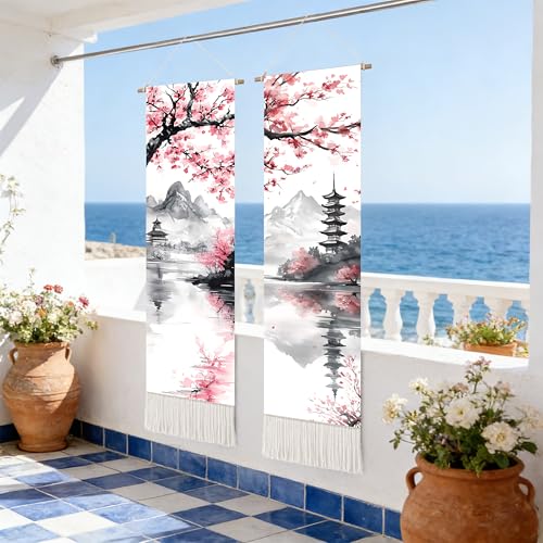 seewan 2 Pack Long Vertical Wall Tapestry, Boho Nature Landscape & Floral Aesthetic Wall Hanging for Bedroom Living Room Home Decor, Long Narrow Art Tapestry with Sunrise Mountain Botanical Designs, 13" × 51" (Blossom Ink Landscape, 13"Wx51"H, Unframed) -