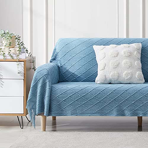 BOURINA Blue Throw Blanket 50 x90 Inches Throw Textured Solid Soft Sofa Throw Bed Runner Couch Cover Knitted Decorative Blanket Bed Runner - color: Blue, size: 50"x90"
