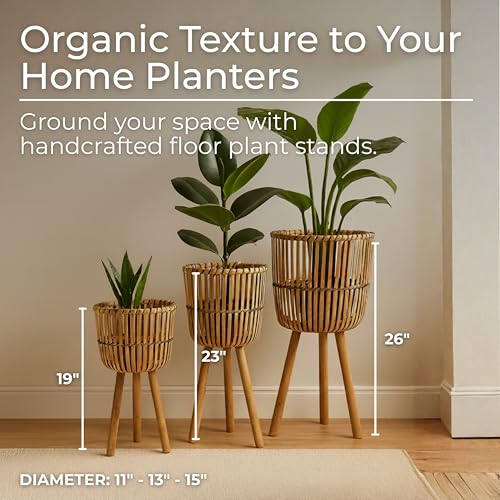Decorative Bamboo Footed Planters for Home Decor - Garden Plant Pots for Indoor Living Room Decor or Outdoor Patio Areas - Flower Pots for Entryway and Backyard - Set of 3, 30", 26", 22", Brown - color: Woven Natural/Black, size: 26" H