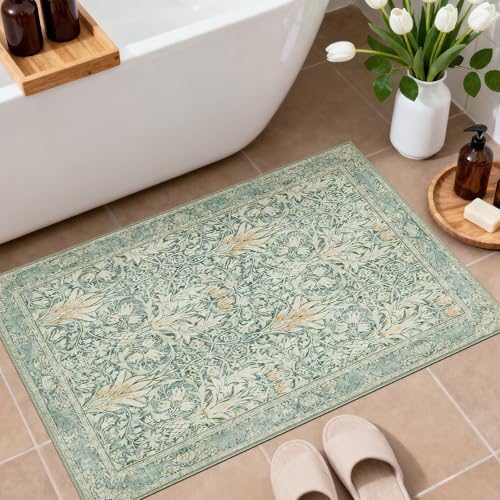 Vintage Floral Entryway Rug 2X3 Rugs,Soft Non-Slip Machine Doormat for Entrance,Stain Resistant Small Area Rug for Bedroom, Kitchen, Laundry, Bathroom - color: Green, size: 2' x 3' (Rectangular)