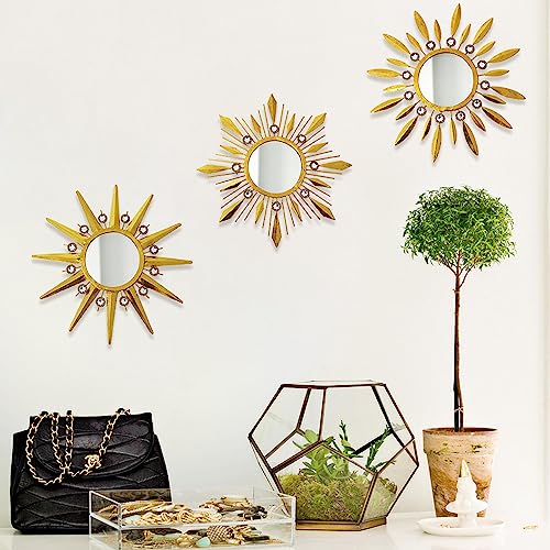 Champagne Gold Round Mirrors for Wall Art Pack of 3, Decorative Mirror Wall Valentine Decor& Vintage Room Decor, Sunburst Circle Mirrors Modern Valentine Gifts for Women & Moms - color: Golden- a