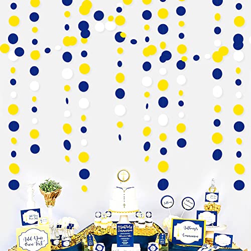 46Ft Navy Blue and Yellow Circle Dots Garland Royal Blue Yellow White Hanging Paper Polka Dot Streamer for Graduation Birthday Wedding Bridal Baby Shower Nautical Ahoy Achor Party Decorations Supplies - color: Blue Yellow