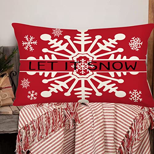 Red Christmas Snowflake Pillow Covers Farmhouse Let It Snow Rectangular/Waist Cushion Cover New Year Winter Holiday Decor Pillowcases 12’’×20’’ for Home Sofa Couch Patio Outdoor - color: Red Snowflake