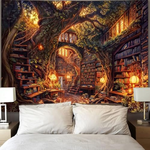 Accnicc Forest Library Tapestry Tree Bookshelf Tapestries Wall Hanging Vintage Fantasy Fairy Treehouse Book Extra Large Tapestry for Bedroom Living Room Dorm Classroom 90 x 68 inch - color: Brown Gold, size: 90"L x 68"W