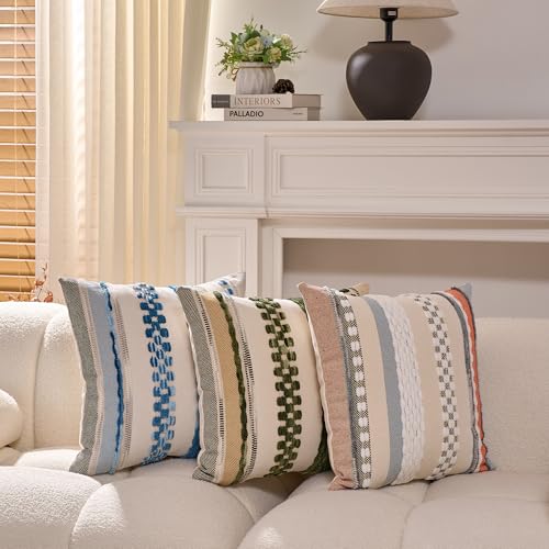 Boho Throw Pillow Covers 18x18 Inch Chenille Striped Textured Pillow Cover Farmhouse Decoration Striped Square Pillowcase for Couch Bed Sofa Bedroom Living Room,Blue(Pack of 2) - color: White-blue Stripe Pack of 2, size: 18" x 18" (Pack of 2)