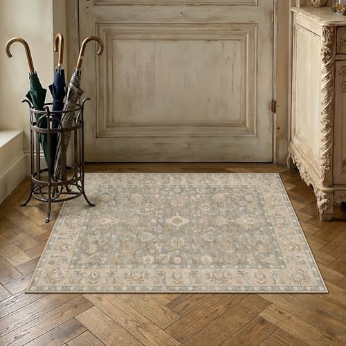 HUGEAR 2x3 Washable Vintage Entryway Area Rug Brown Neutral Distressed Low Pile Non Slip Soft Small Carpet Indoor Door Mat Throw Rug for Entrance Kitchen Bathroom Laundry Room - color: Brown, size: 2' x 3' (Rectangular)