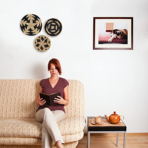 Wall Basket Decor, Woven Hanging Set of 3, Boho Circular Flat Decorative Baskets - Natural Seagrass Bowls for Living Room, Bedroom, Rattan Wall Decor Art - Handwoven (Black)