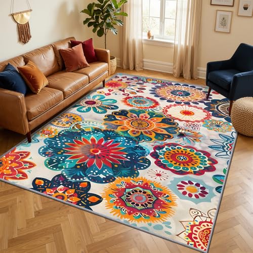 Colorful Medallion Rug - Mandala Bohemian Rug, 2x3 ft Washable Non-Slip Multicolor Abstract Floral Area Rugs, Hippie Boho Carpet for Entryway, Kitchen, Bedside, Vibrant Home Decor & Gifts - color: Beige Blue Red Orange, size: 2' x 3' (Rectangular)