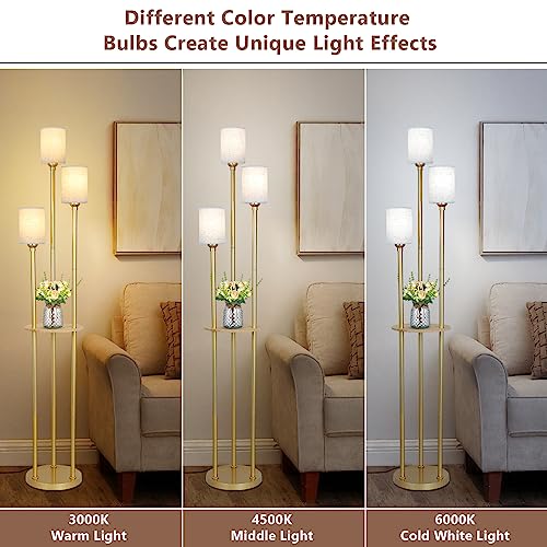 Floor Lamps for Living Room, 3-Lights Modern Floor Lamp with Shelves, Gold Standing Lamp with Fabric Shade and Foot Switch, Shelf Standing Lamps with Table, Tall Table Lamps for Bedroom Office - style: Gold-Fabric Shade