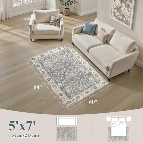 5x7 Area Rugs for Living Room - Washable Soft Large Vintage Rug Non-Slip Stain Resistant Traditional Stain Resistant Indoor Floor Low Pile Carpet for Bedroom Dining Room or Home Office - Blue Multi - color: Blue, size: 5' x 7' (Rectangular)