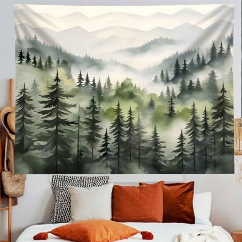 TUGCAY Misty Mountain Forest Tapestry, Green Nature Foggy Watercolor Tree Tapestries Landscape Scenery Tapestry Wall Hanging for Bedroom Living Room Backdrop 51 x 60 Inch