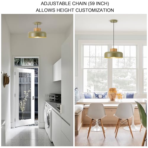 Mid-Century Modern Pendant Light,12.6" Natural Wood & Olive Green Metal Shade,Adjustable Kitchen Island Dining Room Lighting Fixture - color: Olive Green, size: 12.6 inches
