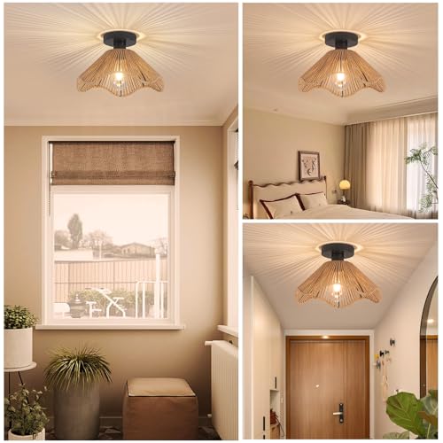 Surpars House Boho Rattan Ceiling Light Fixture, Mini Rattan Chandelier Lighting Fixture, Hand Woven Ceiling Light Fixtures for Hallway Bedroom Kitchen Entryway Living Room (Light Brown) - color: Light Brown
