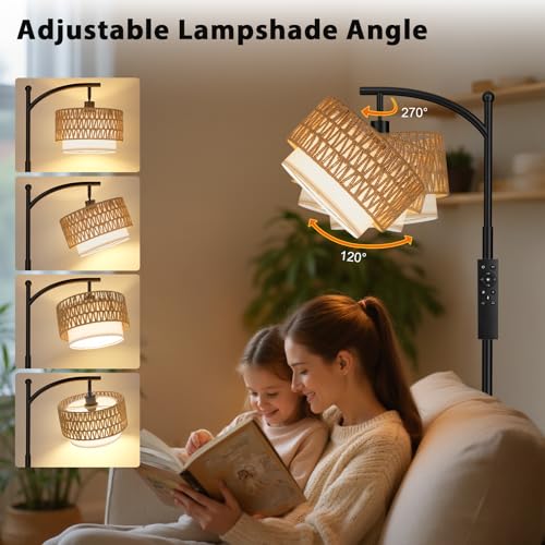 Ambimall Arc Floor Lamp for Living Room with Remote, Color Temperature & Brightness Adjustable, Boho Standing Lamp with Rattan & Fabric Double Drum Shades, Bulb Included(Black) - color: Black Rustic