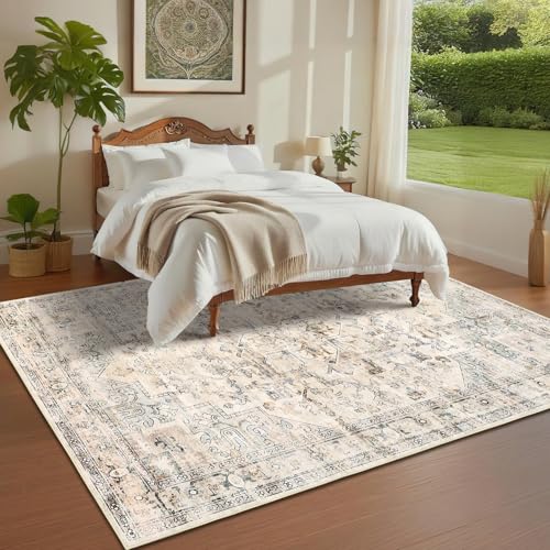 GarveeHome Vintage Area Rug 4x6 Washable Rugs for Living Room Non Slip Floral Distressed Rug Stain Resistant Carpet Farmhouse Rugs for Bedroom Entryway Dining Room Beige - color: Beige, size: 4' x 6' (Rectangular)
