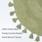Half Circle Boho Bathroom Rugs with Tassels 100% Cotton Hand-Woven Bath Mat Non Slip Absorbent Bath Rugs with Rug Pad Washable Boho Bath Mat Carpet for Tub, Shower 20"x32",Sage Green