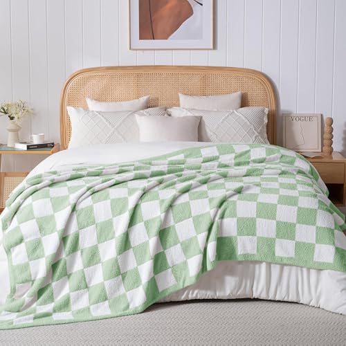 Exclusivo Mezcla Checkered Twin Size Knit Blanket for Bed, Ultra Soft and Warm Reversible Woven Blankets, Cozy Snuggly Throw for Couch Bed and Home Decor, Sage Green, 60"x80" - color: Sage Green, size: Twin (60"x80")