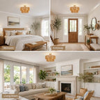 22” Boho 2-Tier Rattan Ceiling Light Fixture, 5-Light Flush Mount Woven Chandelier for Bedroom, Dining Room, Kitchen, Entryway, Living Room, Rustic Gold Lighting - color: Pattern C
