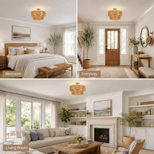22” Boho 2-Tier Rattan Ceiling Light Fixture, 5-Light Flush Mount Woven Chandelier for Bedroom, Dining Room, Kitchen, Entryway, Living Room, Rustic Gold Lighting - color: Pattern C