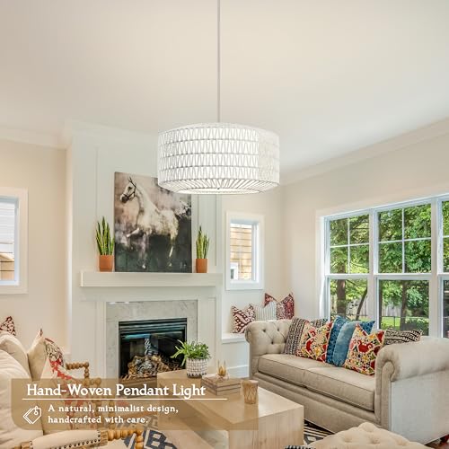 23 inch White 5 Light Rattan Light Fixture Woven Pendant Lights Rattan Farmhouse Chandeliers Fabric Shade Boho Chandelier for Dinning Room Kitchen - color: 23"-White-Prism