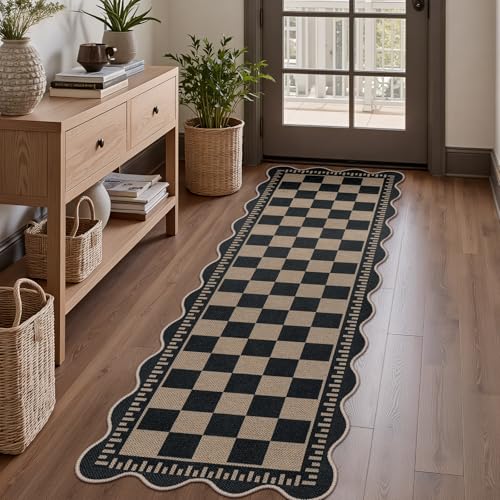Checkered 2x6 Kitchen Runner Rug, Washable Rugs for Entryway Non Slip Outdoor Indoor Checkerboard Hallway Rug, Farmhouse Scalloped Carpet for Front Door Bedroom Laundry - color: Black Checkered, size: 2'x6' (Runner)