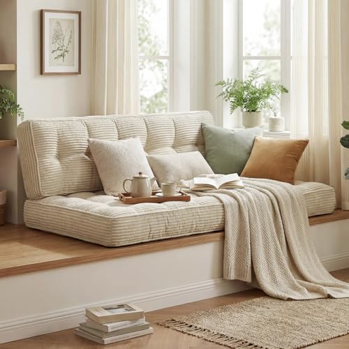 Vercraft 63 Inch Folding Sofa Bed Convertible Chair, 2-in-1 Convertible Boneless Sofa Floor Cushions Couch Mattress Oversized Corduroy Upholstered Sleeper Chair for Living Room Guest Apartment(Beige)