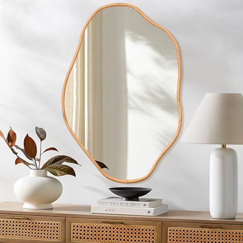 ULIKE Irregular Wall Mirror, 24x36 Inch Asymmetrical Wall Mirror with Solid Wood Frame, Mid-Century Modern Decor with Natural Wood, Vanity Mirrors for Bathroom Bedroom Living Room Entryway - color: A Wood-irregular